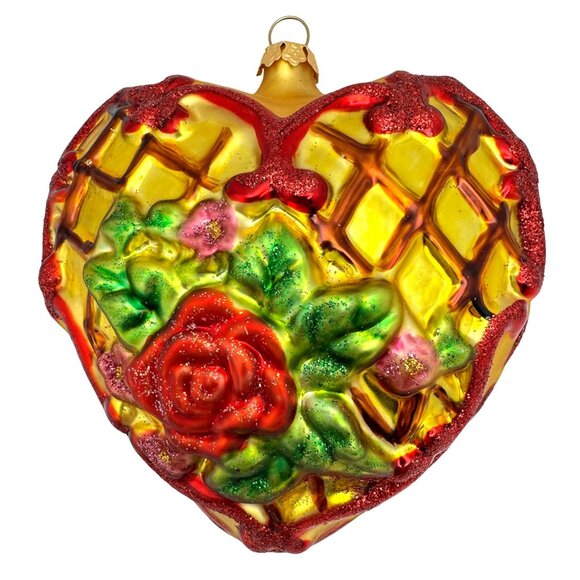 Handcrafted Heart-Shaped Glass Ornament Red Rose Floral Gold Base Red Glitter 4" - Picture 1 of 9